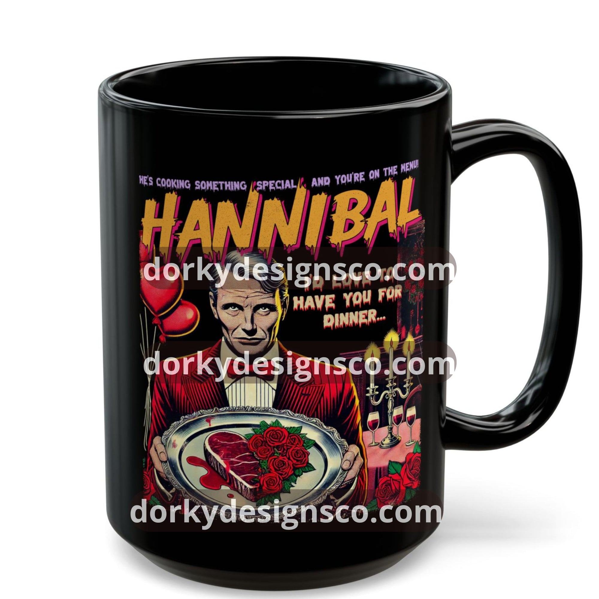 Black Mug (11oz, 15oz) | Hannibal-Inspired Vintage Horror Comic: Valentine’s Edition