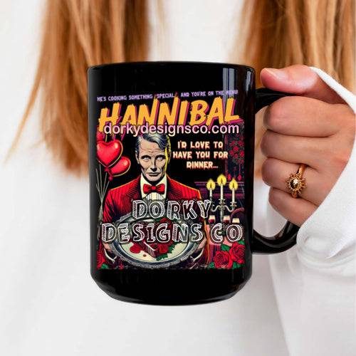 Black Mug (11oz, 15oz) | Hannibal-Inspired Vintage Horror Comic: Valentine’s Edition